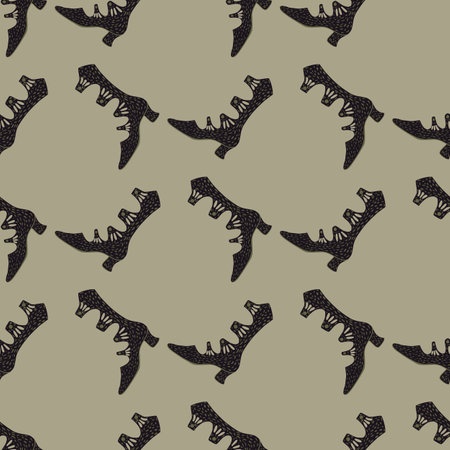 Hand drawn seamless style pattern with dark brown women boots elements. Grey background. Stock illustration. Vector design for textile, fabric, giftwrap, wallpapers.のイラスト素材