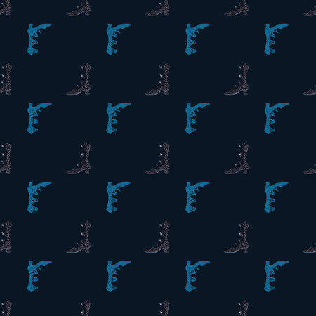 Dark seamless fashion pattern with blue and grey women boots silhouettes. Style accessory backdrop. Stock illustration.のイラスト素材