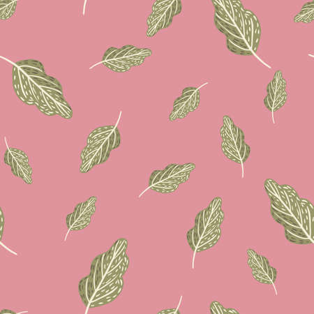 Random seamless bright pattern with green creative oak leaves shapes. Pink background. Stock illustration. Vector design for textile, fabric, giftwrap, wallpapers.のイラスト素材