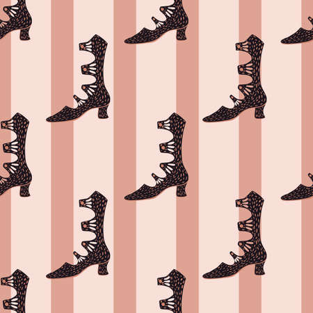 Doodle fashion seamless pattern with hand drawn black women boots silhouette. Pink striped background. Stock illustration. Vector design for textile, fabric, giftwrap, wallpapers.のイラスト素材