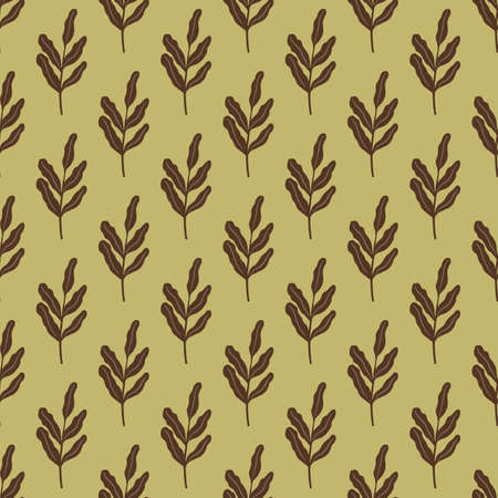 Brown leaves branches seamless doodle pattern in simple style. Light olive green background. Vector illustration for seasonal textile prints, fabric, banners, backdrops and wallpapers.のイラスト素材