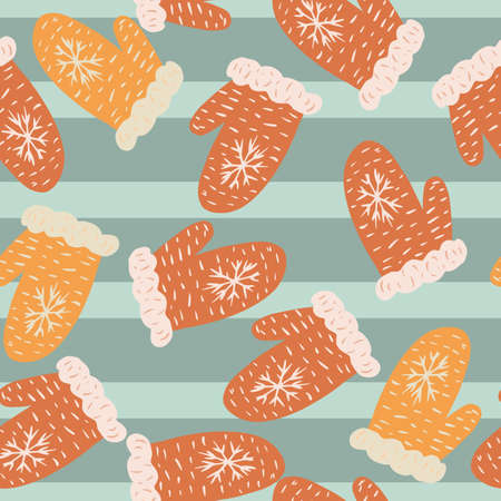 Random seamless pattern with red and orange warm mittens. Blue striped background. Vector illustration for seasonal textile prints, fabric, banners, backdrops and wallpapers.のイラスト素材
