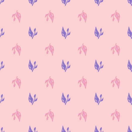 Decorative seamless pattern with doodle blue leaf branches print. Pink pastel background. Graphic design for wrapping paper and fabric textures. Vector Illustration.のイラスト素材