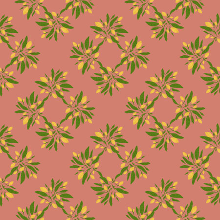 Fruit citrus seamless pattern with yellow lemons and green leaves print. Pink background. Vector illustration for seasonal textile prints, fabric, banners, backdrops and wallpapers.のイラスト素材