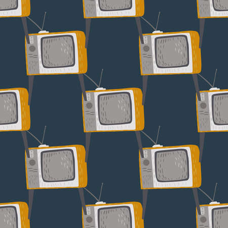 Cartoon seamless doodle pattern with grey and orange colored tv print. Dark turquoise background. Flat vector print for textile, fabric, giftwrap, wallpapers. Endless illustration.のイラスト素材