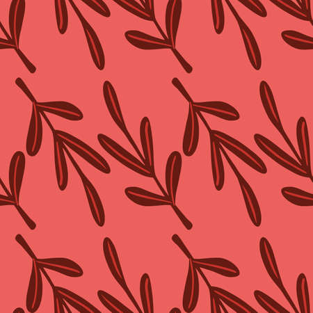 Maroon red abstract leaves twig print seamless pattern. Pink background. Doodle style. Stock illustration. Vector design for textile, fabric, giftwrap, wallpapers.のイラスト素材