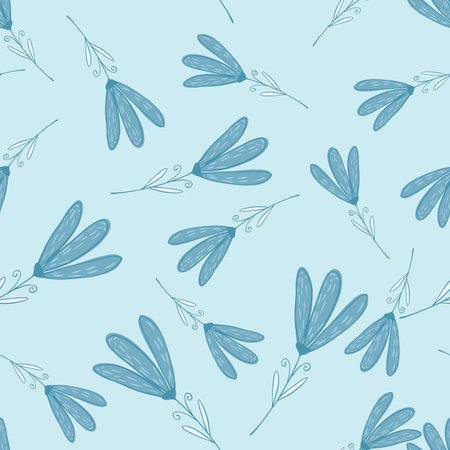 Random seamless pattern with blue simple flower silhouettes. Pastel background.  Endless illustration.のイラスト素材