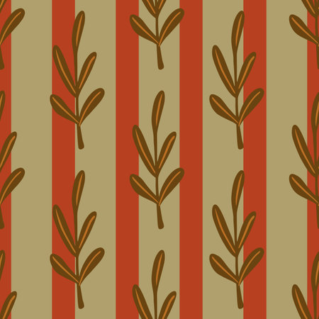 Brown contoured leaf silhouette seamless doodle pattern. Striped red background. Stock illustration.のイラスト素材