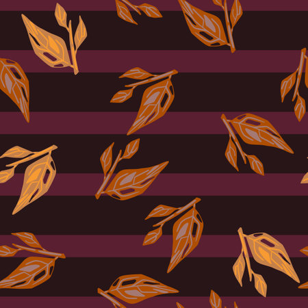 Autumn leaf branches seamless doodle pattern in orange colors. Purple striped background.  Vector Illustration.のイラスト素材