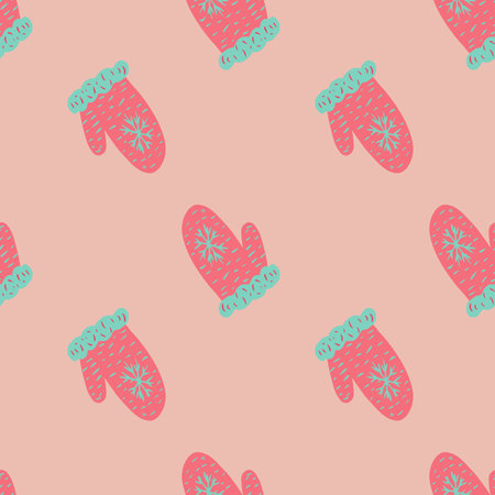 Pink palette seamless pattern with hand drawn mittens ornament. Cozy backdrop.のイラスト素材