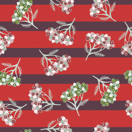 Random seamless pattern with white and green yarrow shapes. Striped red and purple background. Stock illustration.のイラスト素材