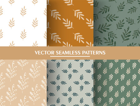 Set of simple botanic seamless pattern with leaf branches silhouettes. Leaves pattern collections. Flat vector print for textile, fabric, giftwrap, wallpapers. Endless illustration.のイラスト素材