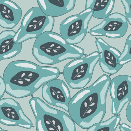 Random seamless pattern with organic doodle pear silhouettes. Blue palette ornament. Vector illustration for seasonal textile prints, fabric, banners, backdrops and wallpapers.のイラスト素材