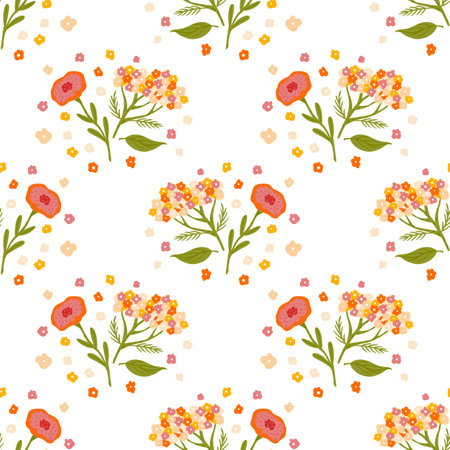 Seamless pattern with botanic yarrow flowers ornament isolated on white background. Endless illustration.のイラスト素材