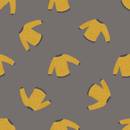 Yellow pale sweater doodle seamless winter outfit pattern. Grey background. Minimalistic style. Vector illustration for seasonal textile prints, fabric, banners, backdrops and wallpapers.のイラスト素材