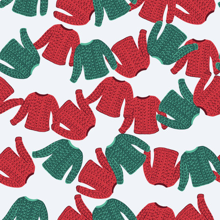 Isolated christmas seamless pattern with random red and green sweaters print. White background. Flat vector print for textile, fabric, giftwrap, wallpapers. Endless illustration.のイラスト素材