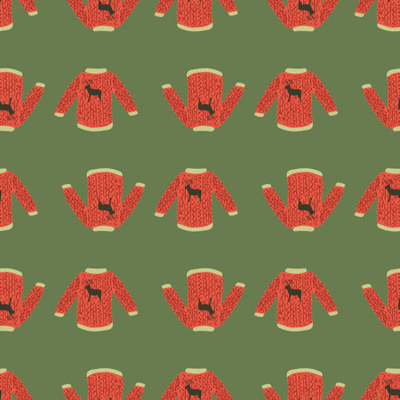 Holiday xmas red sweater doodle seamless pattern in hand drawn style. Green background. Vector illustration for seasonal textile prints, fabric, banners, backdrops and wallpapers.のイラスト素材