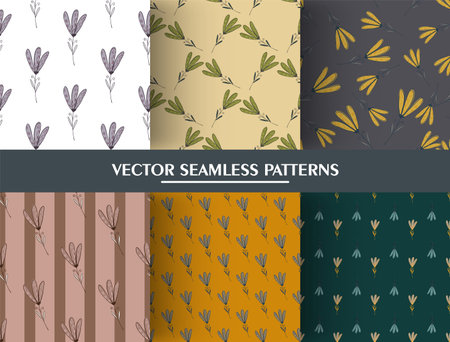 Set of flowers botanic ornament seamless pattern. Cute flowers pattern collection. Nature blossom backdrop. Romantic vector print for textile, fabric, giftwrap, wallpapers. Endless illustration.のイラスト素材