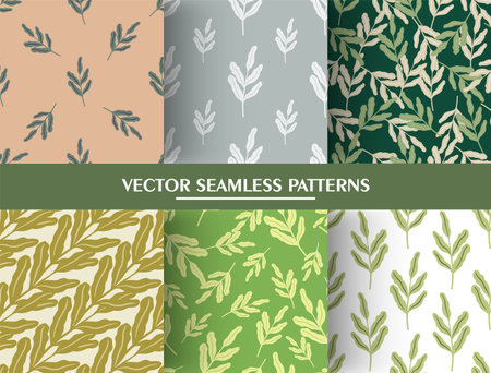Set of seamless pattern in minimalistic style with vintage leaf branches silhouettes. Leaves pattern collections. Vector illustration for seasonal textile, fabric, banners, backdrops and wallpapers.のイラスト素材