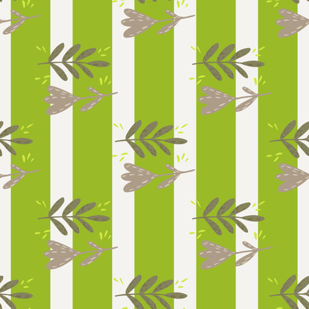 Doodle nature cute seamless pattern with leaf branches and flowers. Striped background. Vector illustration for seasonal textile prints, fabric, banners, backdrops and wallpapers.のイラスト素材