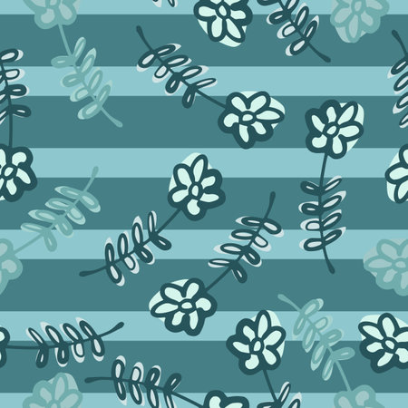 Random seamless pattern with contoured wild flowers ornament. Blue striped background. Stock illustration. Vector design for textile, fabric, giftwrap, wallpapers.のイラスト素材