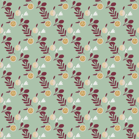 Seamless retro organic pattern with maroon leaves and apple ornament. Blue background. Graphic...