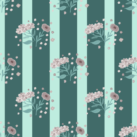 Doodle seamless cartoon pattern with pink pale flowers elements. Turquoise striped background. Flat vector print for textile, fabric, giftwrap, wallpapers. Endless illustration.のイラスト素材