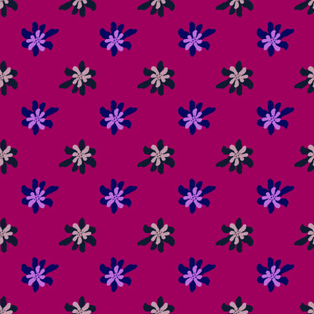 Decorative seamless pattern with doodle hand drawn navy bue flowers elements on pink background. Flat vector print for textile, fabric, giftwrap, wallpapers. Endless illustration.のイラスト素材
