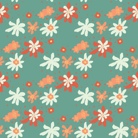 Pastel palette seamless pattern with white, red and orange flowers abstract print. Blue background. Vector illustration for seasonal textile prints, fabric, banners, backdrops and wallpapers.のイラスト素材
