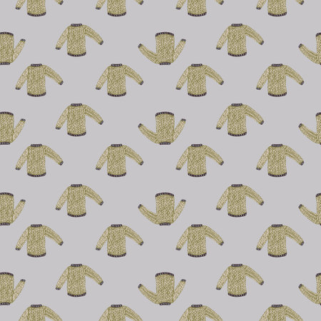 Yellow pale sweater doodle seamless winter outfit pattern. Grey background. Vector illustration for seasonal textile prints, fabric, banners, backdrops and wallpapers.のイラスト素材