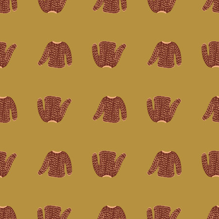Doodle seamless clothing pattern with knitted pale maroon sweater ornament on ocher background. Flat vector print for textile, fabric, giftwrap, wallpapers. Endless illustration.のイラスト素材