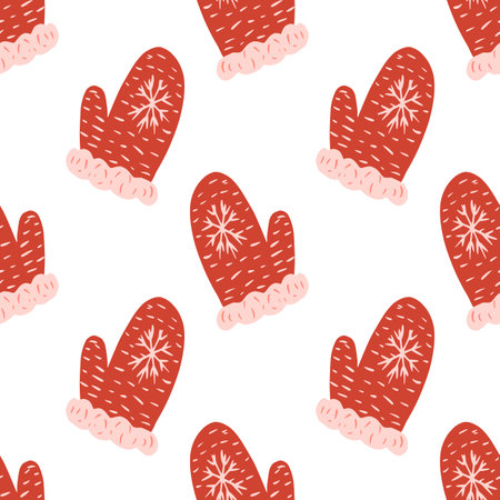 Isolated seamless doodle pattern with red colored mittens print. White background. Vector illustration for seasonal textile prints, fabric, banners, backdrops and wallpapers.のイラスト素材