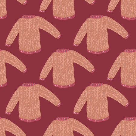 Cozy winter sweater doodle seamless pattern. Clothes backdrop in red and maroon pale tones. Vector illustration for seasonal textile prints, fabric, banners, backdrops and wallpapers.のイラスト素材