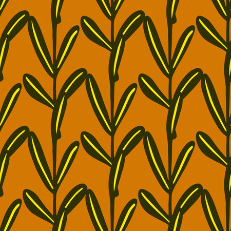Retro seamless herbal pattern with outline leaf branches ornament. Orange background. Stock illustration. Vector design for textile, fabric, giftwrap, wallpapers.のイラスト素材