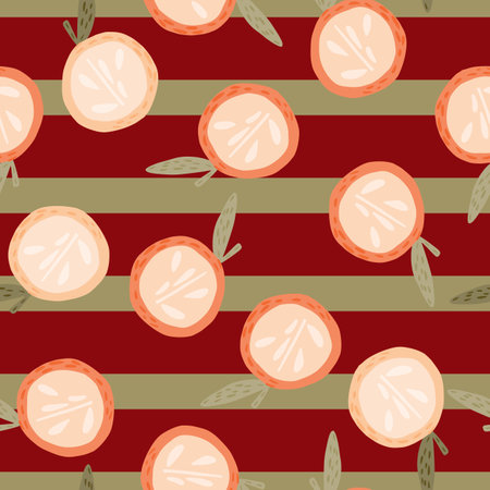Random abstract seamless pattern with white half apples silhouettes. Red and green striped background. Stock illustration. Vector design for textile, fabric, giftwrap, wallpapers.のイラスト素材