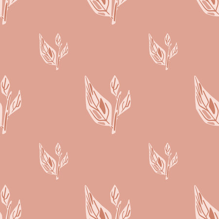 White contoured leaves branches seamless pattern in abstract style. Pink background. Vector Illustration.のイラスト素材