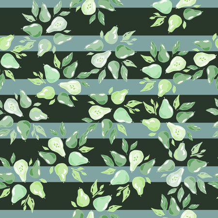 Random seamless pattern with pastel green pear and leaves shapes print. Striped background with blue lines. Stock illustration.のイラスト素材