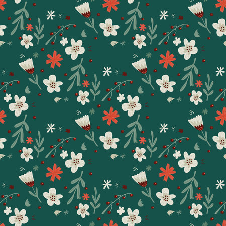 Vintage seamless pattern with doodle flowers and leaves silhouettes. Green background. Simple design.  Vector Illustration.のイラスト素材