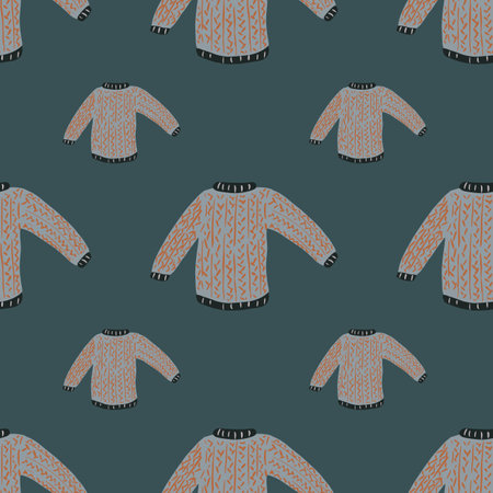 Vintage old grey sweater silhouettes seamless pattern on pale dark blue background.のイラスト素材