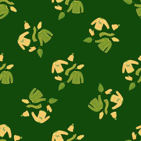 Creative seamless pattern with simple doodle winter clothes silhouettes. Sweaters, hats, scarfs, mittens backdrop. Stock illustration.のイラスト素材