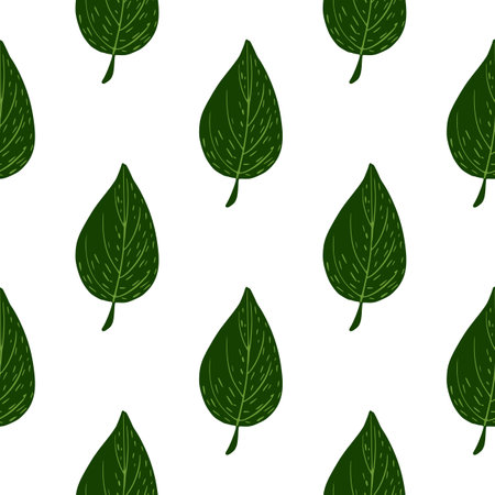 Isolated botanic print with green leaves seamless pattern. White background. Nature backdrop.  Endless illustration.のイラスト素材