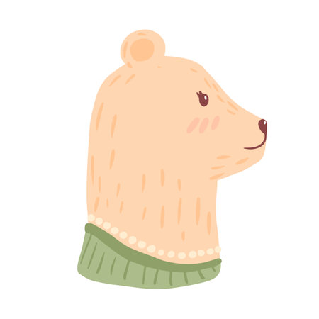 Head brown bear on white background. Cheerful character woman with necklace and in green jacket. Doodle vector illustration.のイラスト素材