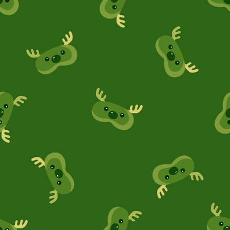 Head deer green chaotic seamless pattern on bright olive background. Children graphic design element for different purposes. Flat vector illustration.のイラスト素材