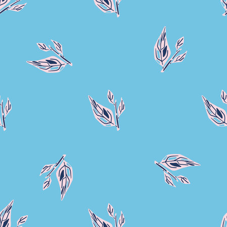 Minimalistic seamless pattern with botanical leaf ornament. Blue bright background. Graphic design for wrapping paper and fabric textures. Vector Illustration.のイラスト素材