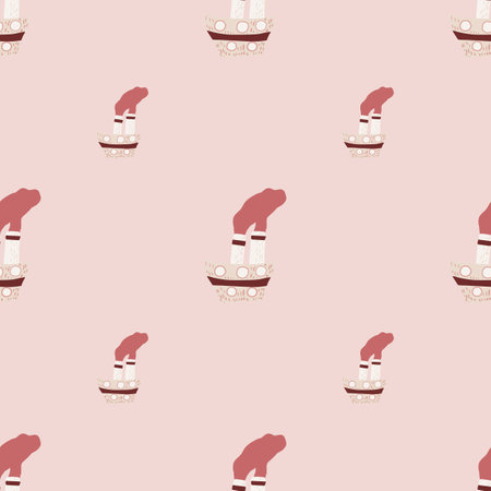 Scrapbook seamless pattern with cartoon steamship elements. Pink pastel background. Funny print.のイラスト素材