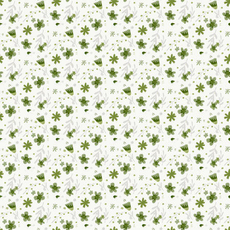 Seamless random pattern with little green flowers and leaves silhouettes. Ditsy backdrop with light background. Vector Illustration.のイラスト素材