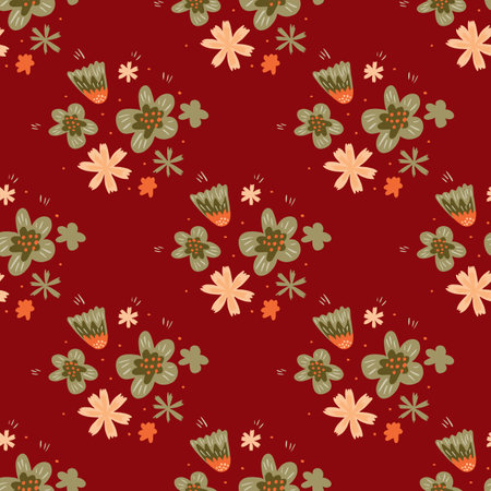 Folk flowers ornament seamless doodle pattern in hand drawn style with maroon background. Stock illustration.のイラスト素材