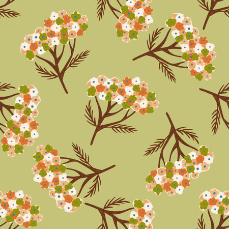 Hand drawn seamless pattern with white and orange colored yarrow shapes on green background. Stock illustration.のイラスト素材