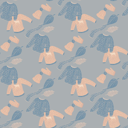 Christmas seamless cozy pattern with sweaters, mittens, scarfs and hats silhouette. Blue and pink palette. Stock illustration.のイラスト素材
