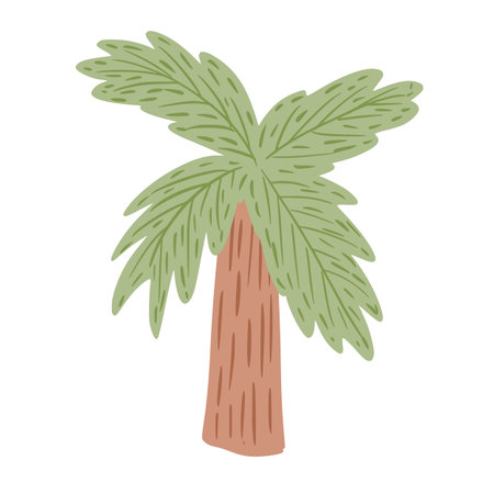 Palm tree isolated on white background. Abstract tropical plant with green foliage and stout brown tree trunk. Doodle vector illustration.のイラスト素材